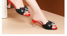 Load image into Gallery viewer, Spanish Black Rhinestone Bow, Red Tie Heel Open Toe Shoes Designer Square Women's Shoes