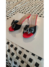 Load image into Gallery viewer, Spanish Black Rhinestone Bow, Red Tie Heel Open Toe Shoes Designer Square Women's Shoes