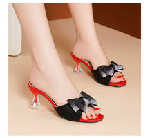 Load image into Gallery viewer, Spanish Black Rhinestone Bow, Red Tie Heel Open Toe Shoes Designer Square Women's Shoes