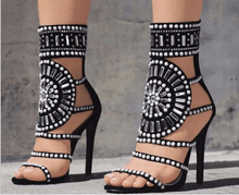 Load image into Gallery viewer, Sioux Gladiator-Open Toe Rhinestone Design High Heel Sandals  Ankle Wrap Glitter