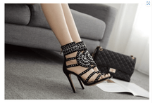 Load image into Gallery viewer, Sioux Gladiator-Open Toe Rhinestone Design High Heel Sandals  Ankle Wrap Glitter
