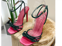 Cargar imagen en el visor de la galería, Butterfly Knot Green-Open Pink &amp; Green Toe Thin High Heel Women Summer Sandals-25 days shipping
