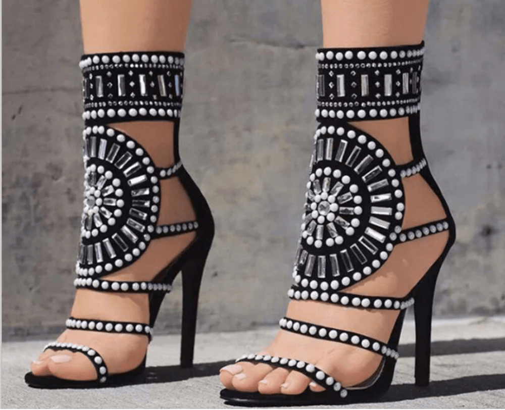 Sioux Gladiator-Open Toe Rhinestone Design High Heel Sandals  Ankle Wrap Glitter